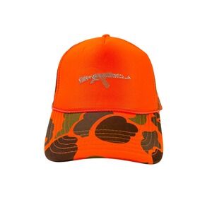 Muerte Blaze Orange Camo Trucker Hat Rhinestone Rifle Graphic Snapback Cap